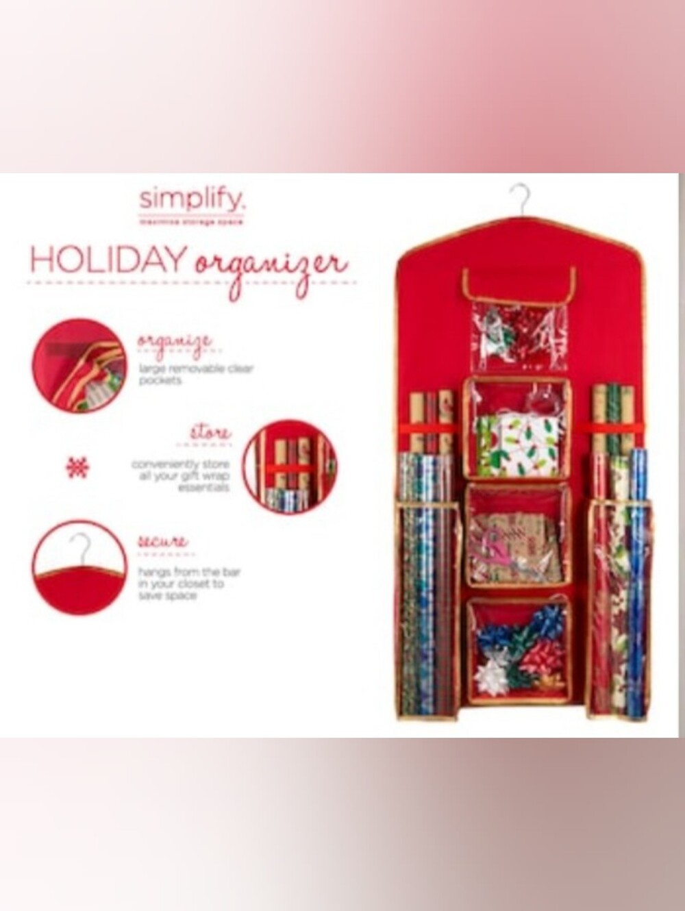 Holiday Gift Wrap Organizer- Hanging with Clear Zipper Pocket - Picture 2 of 6